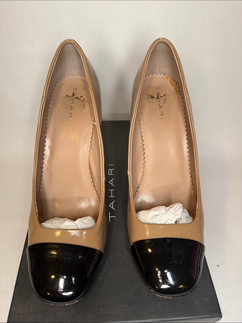 Tahari Two-Tone Tan Leather Pumps with Black Patent Cap Toe